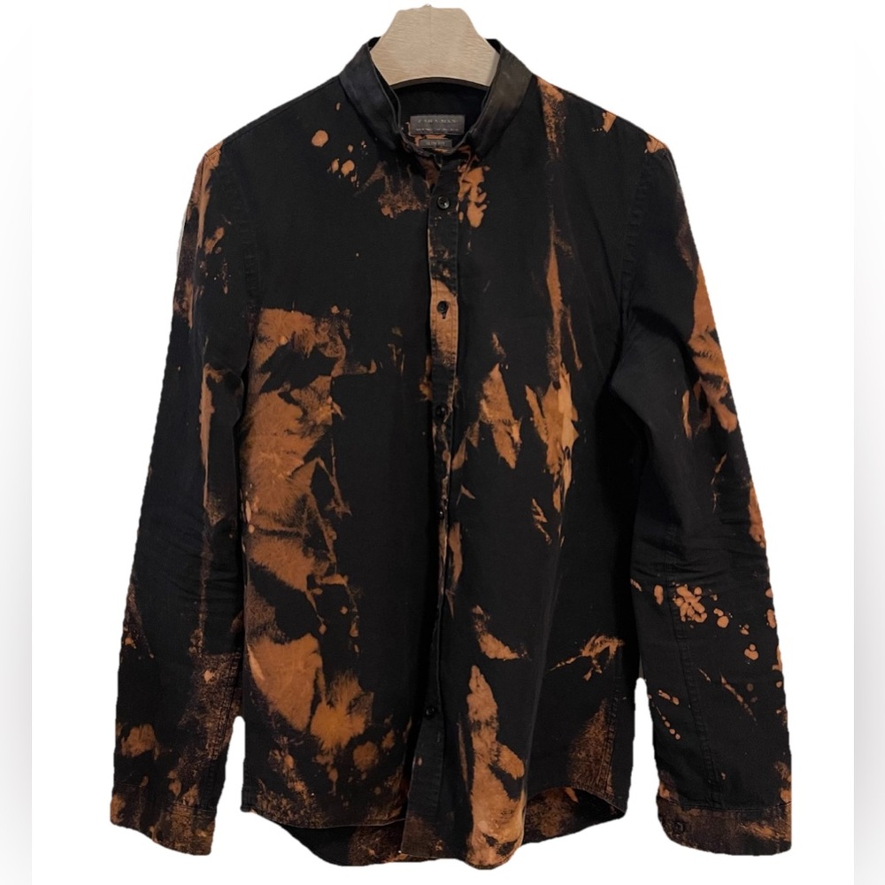 Zara Dress Shirt Mens Slim Fit Small Black Bleach Dye Muscle Unique Formal